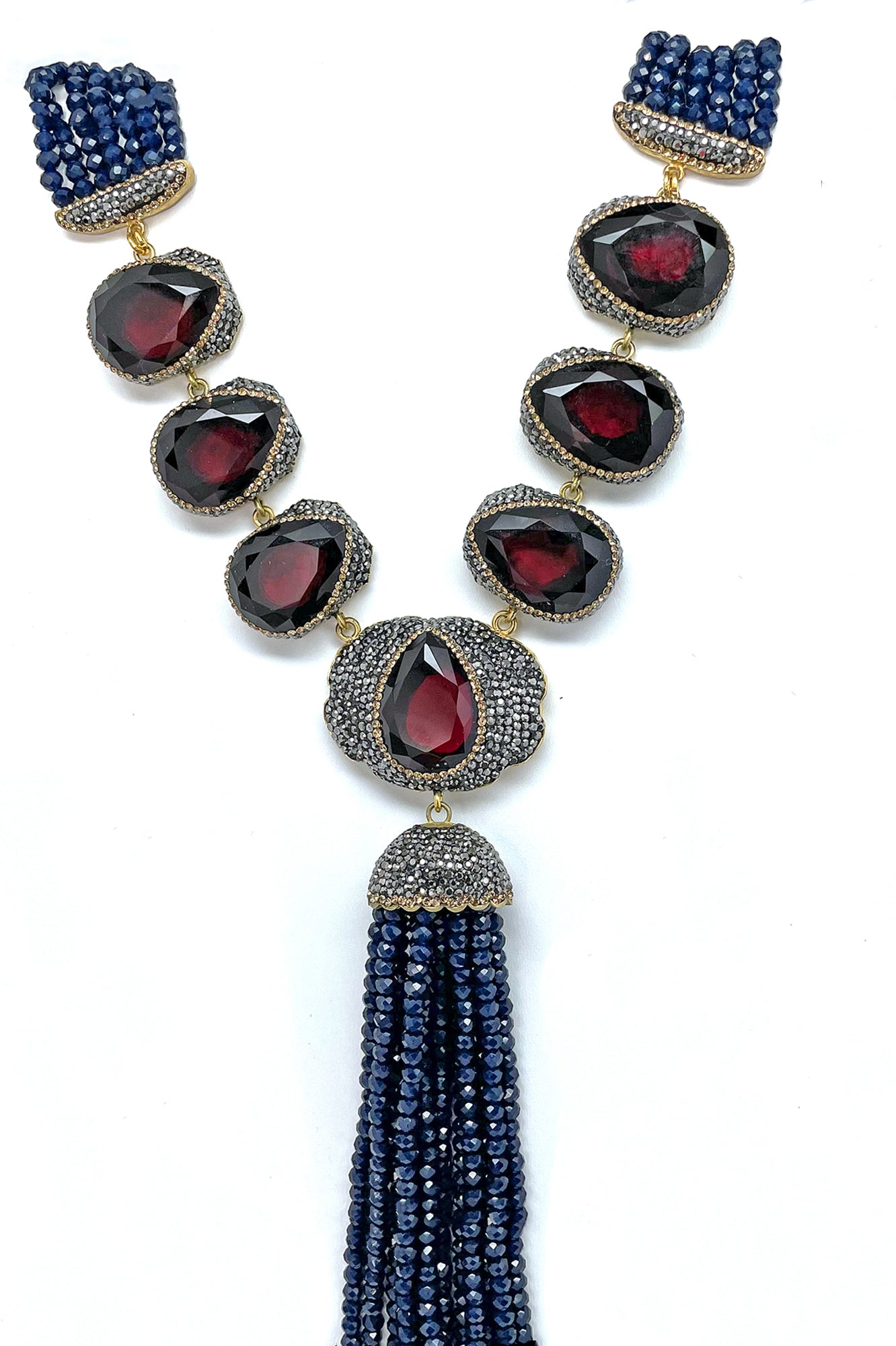 Exquisite Ottoman  Ruby Red Color Natural Gemstone Navy Blue Crystals Tassel Necklace