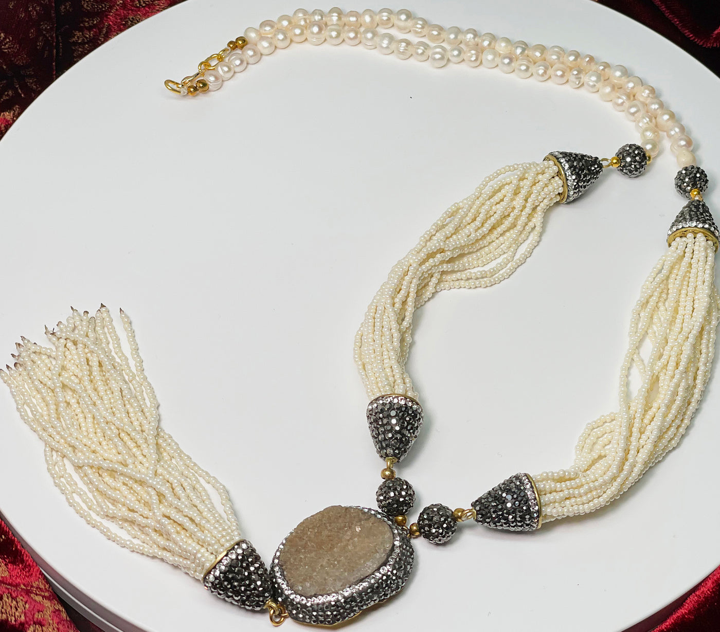 Ottoman White Pearl Earth Color Natural  Stone Tassel Necklace